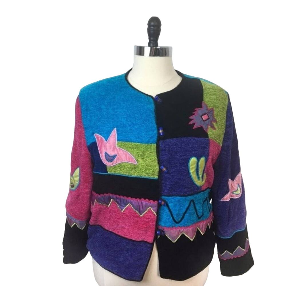 80s Novelty Jacket Colorblock Floral Patchwork Chenille Oversize XL Black Pink